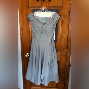 Elegant Slate Blue Chiffon Midi Dress with Draped Bodice